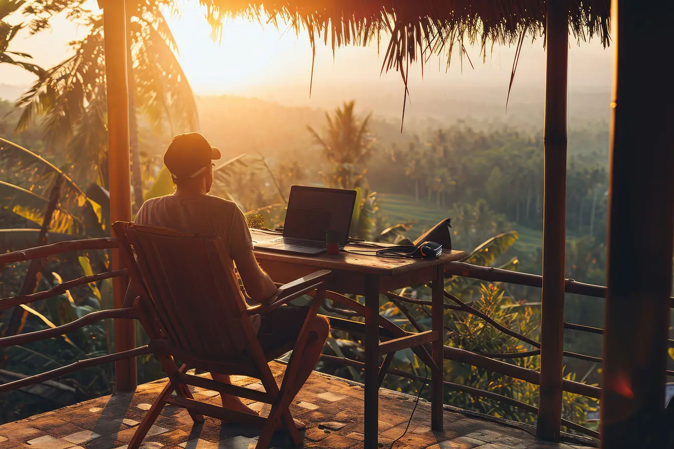 Successful remote worker relaxing after application approval